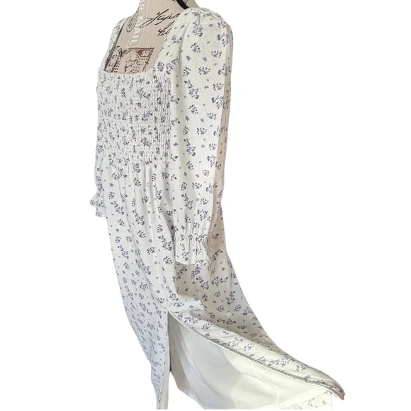 HOUSE OF HARLOW 1960 Smocked linen blend floral midi dress white blue size L - Picture 2 of 12